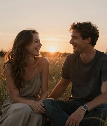 A candid and authentic mid-shot of a couple laughing together in a field of wild grass. The sun is setting behind them, creating a warm glow. The mood is cinematic and heartfelt, with soft sand and muted brown tones.