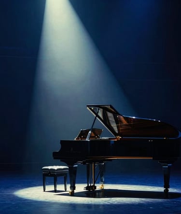 A dramatic wide shot of a stage piano under a single spotlight in a dark auditorium. The colors are predominantly deep blue #1A2D3A with highlights of sage #91AA9D. The atmosphere is one of sophisticated solitude and emotional depth, reflecting a moment of musical creation.