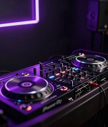 A professional DJ booth setup in a minimalist Spanish / Latin American nightclub, obsidian black surfaces catching electric violet neon reflections, cinematic depth of field.