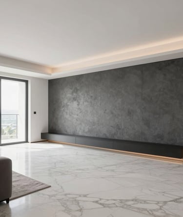 An interior architectural render of a wide, open-plan living space in a contemporary Brazilian apartment. The room features a white marble floor and a textured charcoal grey accent wall. Minimalist designer furniture is arranged to maximize negative space. Bright natural light floods the room from the left.