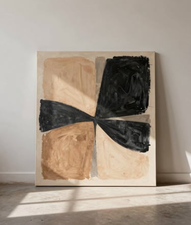 A contemplative scene in a South American / Argentine art studio. A large canvas leans against a soft off-white wall, showing abstract shapes in warm desert sand and deep charcoal black. Soft natural light creates long shadows across the floor.