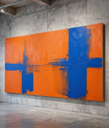 A high-impact, wide-angle shot of a large-scale contemporary painting featuring safety orange and vibrant electric blue strokes. The canvas is mounted on a raw, weathered concrete wall inside a minimalist International / Urban Art Scene gallery with high ceilings.