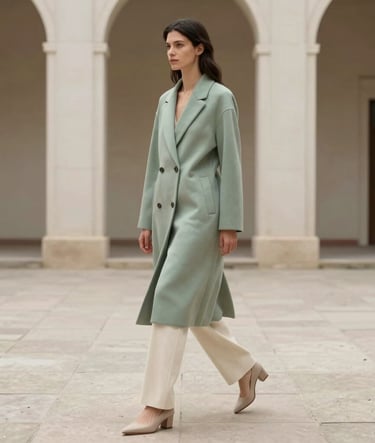 Full-length editorial shot of a woman wearing a tailored muted sage green coat and cream trousers, walking gracefully through a minimalist North American / Western European architectural courtyard. The composition is clean and calm, reminiscent of a high-end fashion magazine.