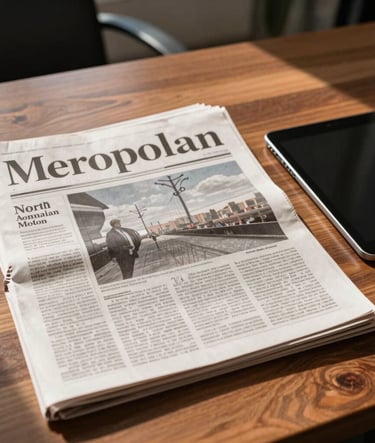 A high-end lifestyle photograph of a major metropolitan newspaper and a tablet side-by-side on a sleek wooden table in a sunlit North American office. Focus is on sharp, crisp editorial text. The atmosphere is sophisticated and dynamic.
