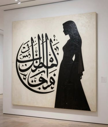 A massive high-resolution painting filling the screen, featuring a minimalist fusion of abstract Arabic calligraphy and a female silhouette, displayed in a bright, modern Middle Eastern art gallery.