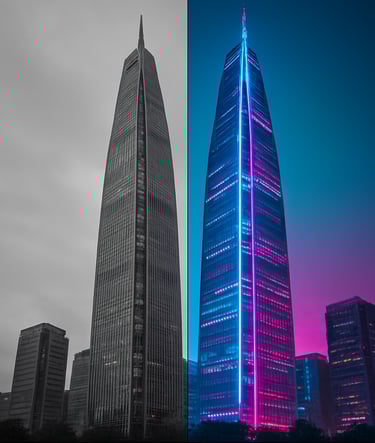 A split-screen style photograph showing the raw, desaturated grey footage of a Seoul skyscraper on the left, and a vibrant, cyan and magenta-tinted cyberpunk edit on the right.