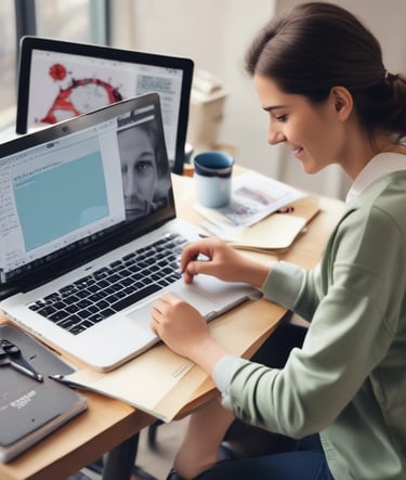 a woman sitting at a desk with a laptop and a notebook