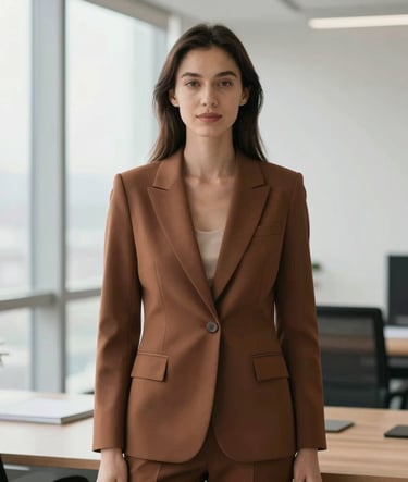 A lifestyle shot of a professional woman in a minimalist, modern office setting. She wears a structured blazer in #4B2E2B. Soft afternoon light coming through a window. Premium, clean composition.