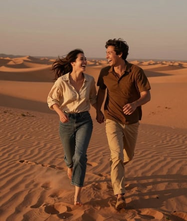 A candid lifestyle photograph of a couple in a North American / US desert setting, laughing and running together. The scene is illuminated by a warm terracotta sunset, casting long cinematic shadows across the soft sand ground. Their expressions are authentic and joyful.
