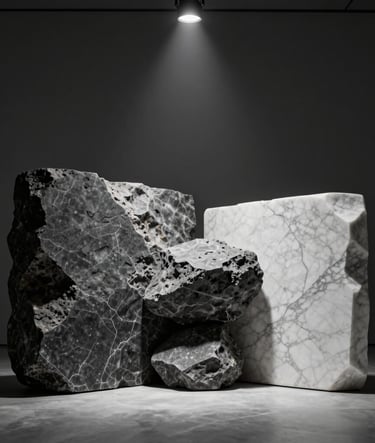 A cinematic, wide-angle shot of an abstract stone installation within a dark, museum-like environment. The background is a deep charcoal gray. A single spotlight from above illuminates the texture of raw basalt and smooth white marble, creating a dramatic, high-contrast visual. High-end contemporary art aesthetic, North American gallery style.