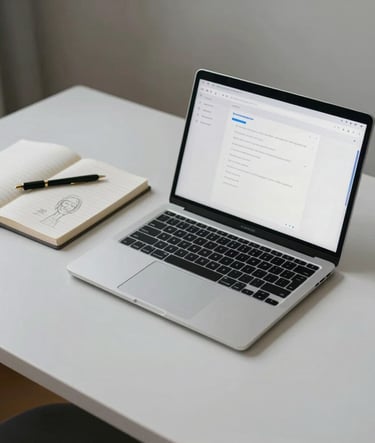 A high-angle shot of a minimalist desk in a North American / US home office. A laptop screen displays a soft white interface with steel blue accents. A physical notebook nearby has pencil sketches. Clean, soft lighting.