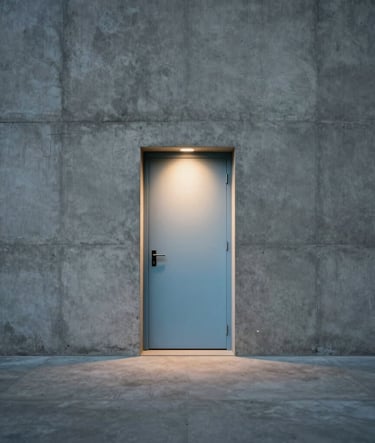 A wide, cinematic shot of a minimalist concrete structure in Charcoal and Pale Grey, with a single patch of warm light illuminating a Soft Blue door.