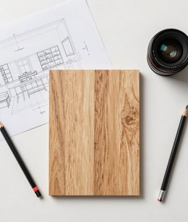 Top-down view of a minimalist workspace with professional technical interior drawings and a sample of light oak wood. Precision tools and a graphite pencil are arranged neatly. Clean, bright studio lighting in a Baltic design setting.