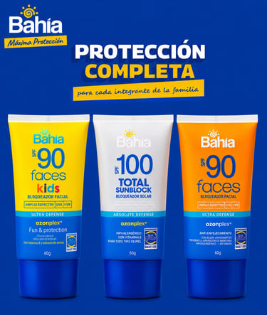 Tres tubos de protector solar Bahia con FPS 90 y FPS 100 para protección solar facial y total.