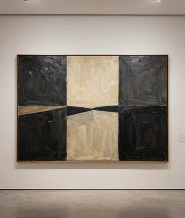 A wide-angle photography shot of a large minimalist oil painting titled 'Urban Solitude' hung in a modern North American gallery with cream-colored walls. The painting features large abstract fields of dark charcoal and light beige.