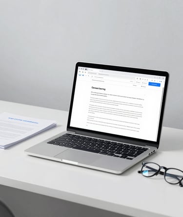 A wide, professional shot of a minimalist workspace. A laptop screen displays a text document, next to a printed dossier and a pair of reading glasses. The atmosphere is clean and modern, projecting trust and clarity. Colors are dominated by #607D8B and #F5F5F5.