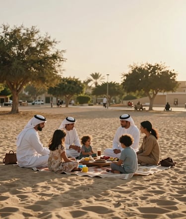 A cinematic, wide-angle shot of a family picnicking in a sun-drenched Middle Eastern / Gulf park during the golden hour. The scene features soft sand and soft tan tones, with natural lighting creating a warm, inviting atmosphere.