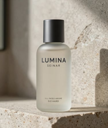 A high-end professional photograph of a Lumina Skincare glass bottle mockup. The bottle has a frosted finish with Dark Charcoal typography, set against a natural stone background in a North American / US modern bathroom setting. Soft daylight highlights the meticulous craftsmanship of the bottle's design.