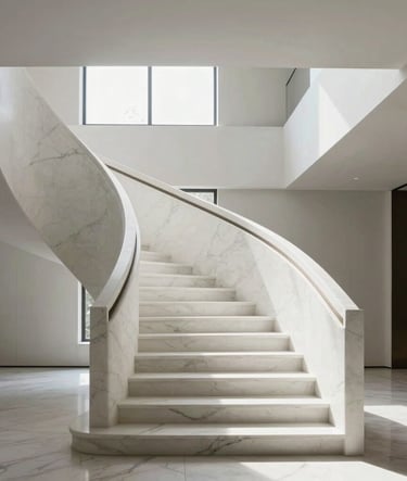 Minimalist architectural photography of a grand white marble staircase within a contemporary luxury villa. Soft natural light streaming from a high window, creating subtle grey shadows. Global / Hispano architecture. Clean lines, elegant composition.