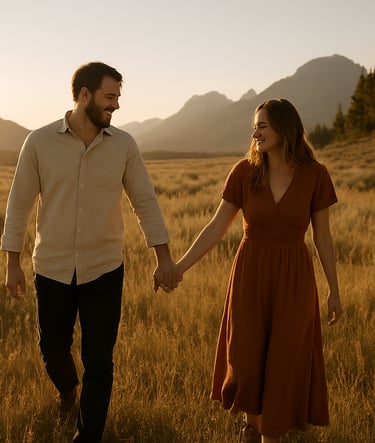 Candid wide-angle photography of an authentic couple walking through a sun-drenched meadow in the North American West. The style is cinematic with warm golden hour lighting and soft sand tones in the environment.