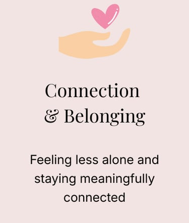 A hand cradling a pink heart with text about connection, belonging for elder adults