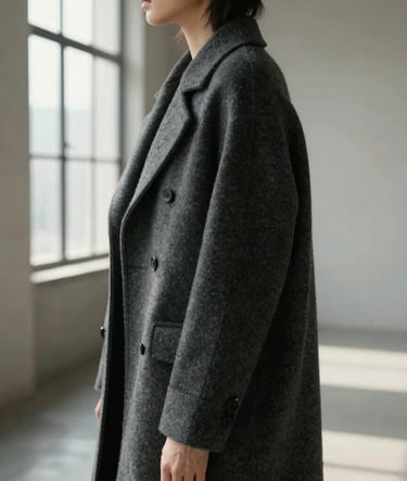 Editorial portrait of a person in profile, wearing a structured charcoal gray wool garment. Soft, natural light from a high window in a minimalist North American / European loft space. Deep shadows and a calm, contemplative atmosphere.