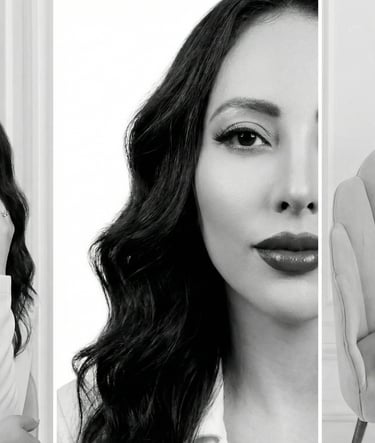 Black and white portrait triptych of a professional woman with long wavy hair in a white power suit.