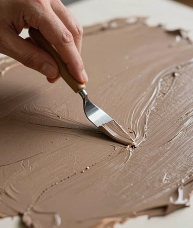 A close-up shot of an artist's hand using a painting knife to apply muted brown and tan acrylic paint over a heavily textured surface. The composition is modern and focuses on the tactile ridges of the paint. Professional lighting, gallery style.