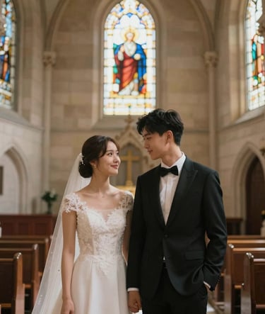 A wide, cinematic shot of a young couple standing in an elegant stone chapel. Soft natural light streams through stained glass, casting gentle shadows in #1A2F3C against the warm #F5F2EC walls. The atmosphere is heartfelt and professional.
