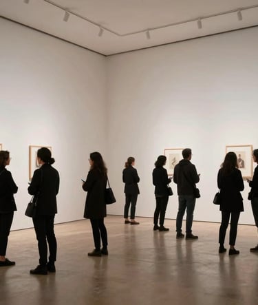 A wide-angle artistic shot of a gallery opening. Minimalist interior with soft off-white walls. People appear as elegant dark charcoal silhouettes against the bright, clean space. Sophisticated and airy composition.