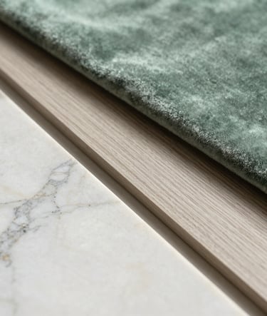 Macro photography of interior design materials: a sample of polished marble alongside a sage green velvet fabric and greige wood veneer, arranged elegantly, soft natural Brazilian light.