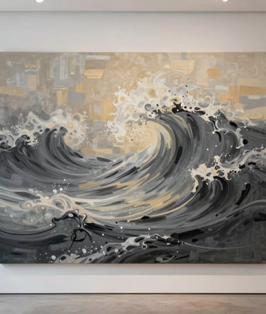A large canvas painting showcasing vibrant, abstract waves in motion. The style is serene yet powerful, utilizing deep stone grey and warm beige strokes to capture the energy of water. Photography of the final artwork in a bright gallery space.