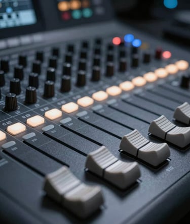 Close-up high-contrast photography of a professional video editing console in a dark studio. The buttons glow with a soft Steel Mist light, and the texture of the Charcoal Slate hardware is sharp and detailed.