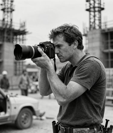 A grainy, black and white cinematic shot of a photographer on a construction site. High energy, raw action, capturing a real moment. Elements of rust (#C1674E) appearing in the lighting.