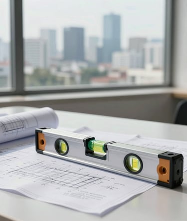 Architectural photography of technical civil engineering blueprints and a modern surveyor's level tool on a light grey desk. In the background, a large window reveals a soft-focus urban skyline of Surabaya, Indonesia, under bright, clean daylight. The style is professional and minimalist.
