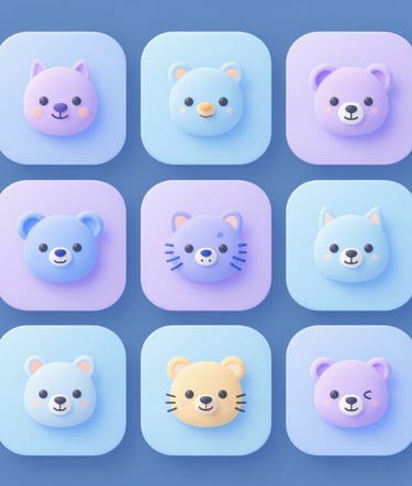 A set of rounded interface designs for a children's tablet app. The UI features soft pastel bubbles in sky blue and lavender, with friendly illustrated icons of animals. Luminous and modern aesthetic.