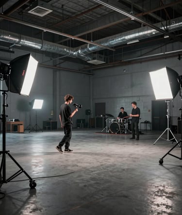 A wide-angle cinematic shot of a modern music video production set in a North American urban industrial space. Professional lighting rigs, deep gray textures, and a high-end atmospheric music industry vibe.