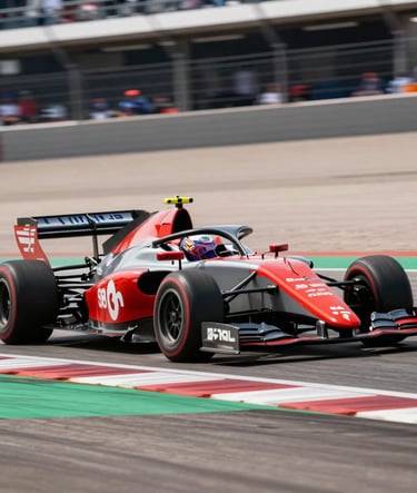A high-speed action shot of a Formula car racing through a sharp corner at a US track, motion blur in the background, wheels generating heat, with distinct racing red and silver gray bodywork, professional motorsport photography.