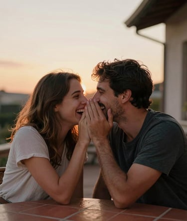 A candid shot of a couple whispering and laughing at an outdoor terracotta-paved patio during sunset. The lighting is warm and cinematic, with soft bokeh in the background highlighting their authentic connection.