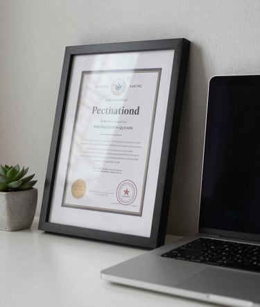 Close-up photography of a neatly organized study space in a modern North American home, featuring an academic certificate in a simple frame next to a laptop and a small succulent, soft morning light, sophisticated and calm atmosphere.