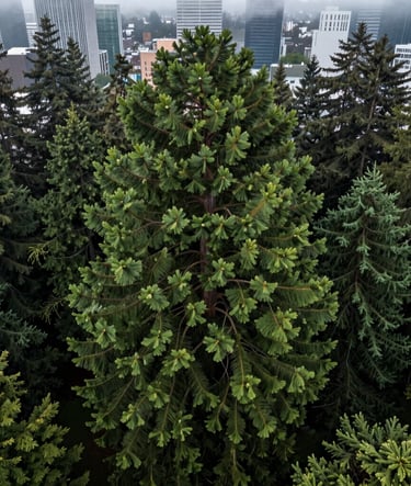 A majestic top-down drone shot focusing on the dense, textured canopy of an urban sequoia in Eugene, Oregon. The dark forest green needles contrast with the surrounding misty seafoam gray city atmosphere.