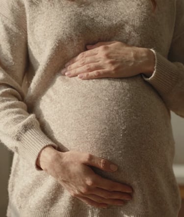 Close-up photography of a woman's hands gently cradling her pregnant belly. She is wearing a soft sand-colored knit sweater. The setting is a warm, sunlit European / French interior with soft shadows and a cinematic, emotional feel.