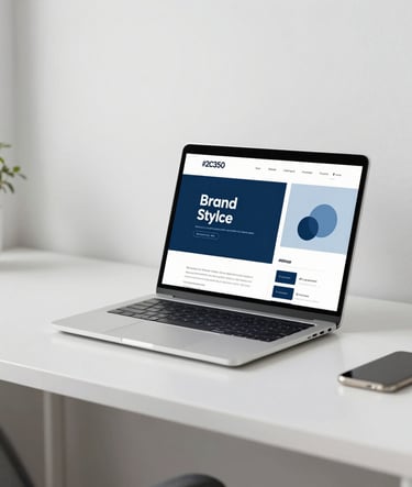 A wide-angle, clean lifestyle shot of a modern design studio workspace. A sleek laptop displays a brand style guide with the palette #2C3E50 and #8D9FB5. The environment is uncluttered with white surfaces and soft, natural daylight, embodying sophisticated professionalism.