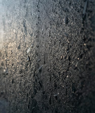 Extreme close-up of textured industrial glass with a midnight slate tint, soft morning light creating arctic mist highlights.
