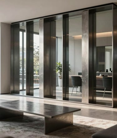 A luxury modern interior featuring a custom steel and glass partition designed by Rawline. In the foreground, a bespoke minimalist coffee table with a steel grey frame complements the industrial elegance of the space. Soft morning light.