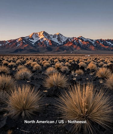 A wide-angle panoramic shot of a vast rural property in Northeast Nevada at sunset. The Ruby Mountains are visible in the background, topped with a light dusting of snow. The foreground is filled with textured bunchgrass and dark charcoal-colored volcanic rock. The mood is one of profound tranquility and strategic potential. North American / US - Northeast Nevada.