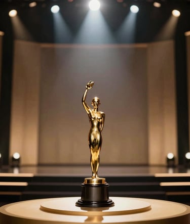 A wide-angle, cinematic shot of a prestigious film award ceremony stage. A golden trophy sits on a pedestal in the foreground, illuminated by warm spotlights. The aesthetic is professional and elegant, incorporating a palette of #1A1C20 and #D4C1A5.