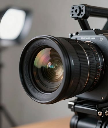 A detailed close-up of a professional cinema camera lens reflecting studio lights in a Latin American / Hispanic production house, sophisticated atmosphere with muted slate grey accents.