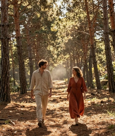 A wide-angle, cinematic shot of a couple walking through a sunlit pine forest in Sintra, Portugal. The atmosphere is warm and hazy with golden rays filtering through the trees. They are wearing natural linens in sand and rust tones. Spontaneous movement, European Portuguese aesthetic.