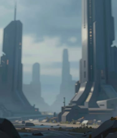 A wide-angle concept art landscape of a sci-fi environment featuring monolithic structures. The lighting is cold and atmospheric, using a palette of #3F516B and #A7BCCB. Professional digital painting style with sharp details.